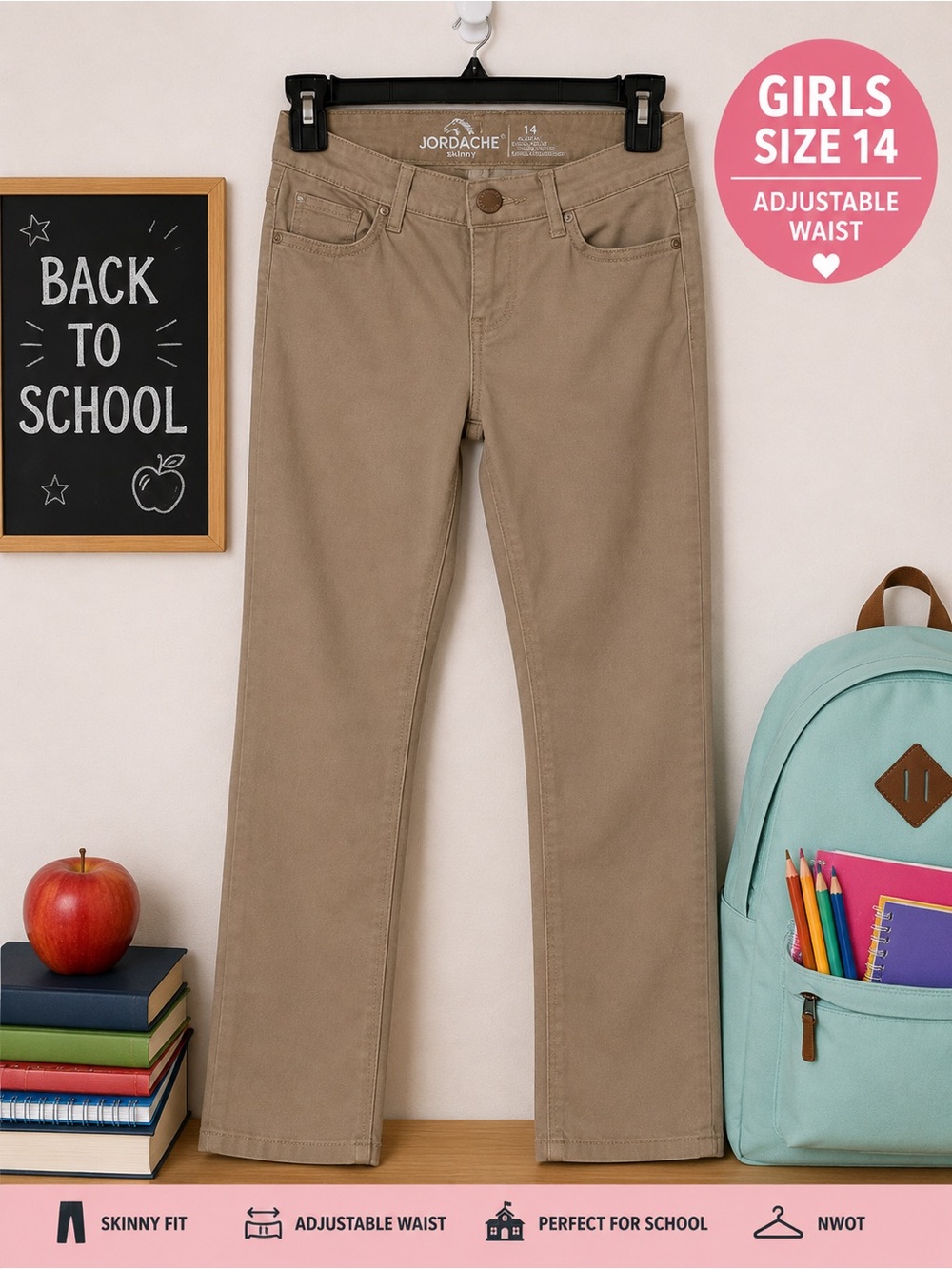 Jordache Khaki Skinny Pants Adjustable Waist Girls NWOT